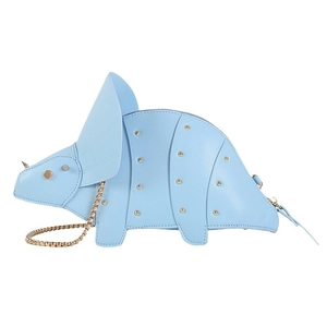 Light blue triceratops shoulder bag with gold studs and chain strap on white background