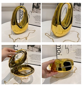 Detailed views of a gold hollow egg-shaped clutch bag with sleek metal chain strap