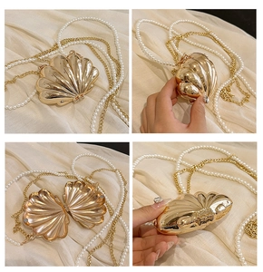Detailed views of a gold shell-shaped clutch bag with pearl and metal chain straps