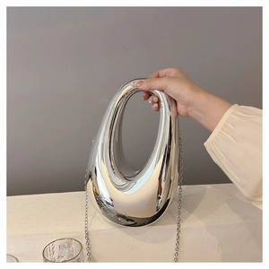 Minimalist silver mirror drop-shaped handbag with hollow design and metal chain strap