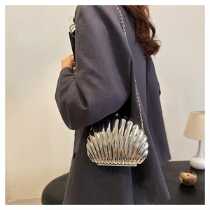 Metallic silver shell bag with chain strap shown on model in a minimalist setting