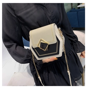 Detail of hexagonal contrast color crossbody bag with gold metal clasp and chain strap