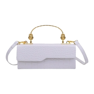 Elegant white crocodile pattern handbag with gold circular metal handle and shoulder strap