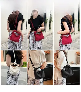 Collage showing nylon ruched handbag in red, white and black for multiple styling options