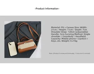 Detailed size specifications of the retro canvas and leather contrast handbag with dimensions