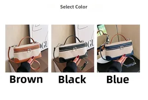 Detailed views of canvas and leather contrast handbags in brown, black, and blue colors