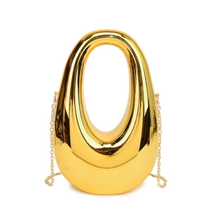 Glossy gold metallic oval clutch bag with hollow handle and sleek chain strap for women