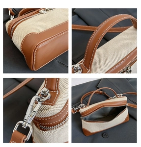 Detail shots of canvas bag stitching, silver buckles, and brown leather handles