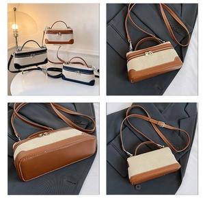 Detailed views of mini canvas crossbody bags with contrast trim and adjustable straps