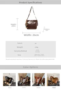 Detailed view of vintage PU leather bucket bag features ethnic strap and plush charm decor