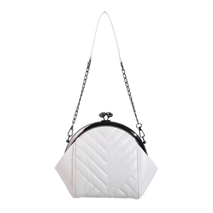 Elegant white quilted crossbody bag with vintage black metal frame and chain strap