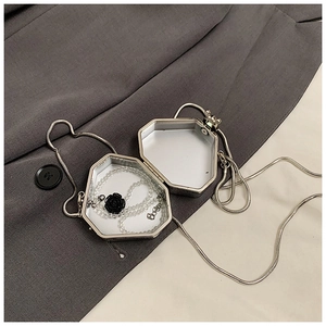 Detail of silver hexagonal metal handbag with snake chain strap and black rose pendant