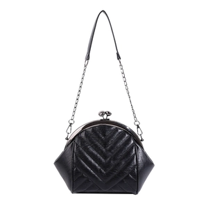 Chic black quilted shell bag with metallic frame and chain strap on white background