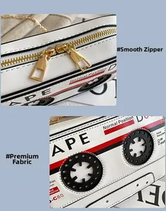 Détail de la fermeture éclair fluide et du tissu premium sur le sac cassette rétro