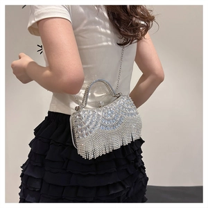 Detailed shot of sparkling rhinestone fringe evening bag with silver metal handle