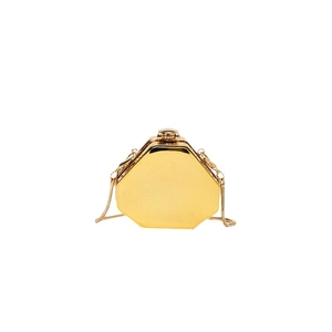 Elegant gold octagonal hard shell clutch bag with mirror finish and snake chain strap