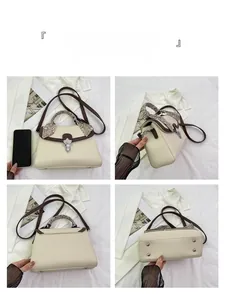 Detailed four-angle view of cream crossbody bag with contrast trim and scarf handle