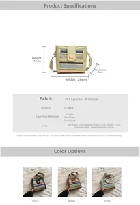 Detailed specs of the vintage straw shoulder bag showing dimensions and PU patchwork material