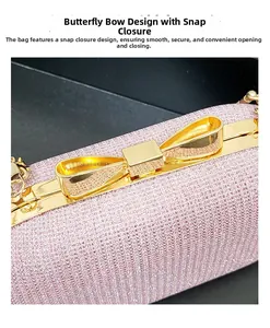 Detailed close-up of golden bow-knot press-buckle closure on pink glitter evening bag