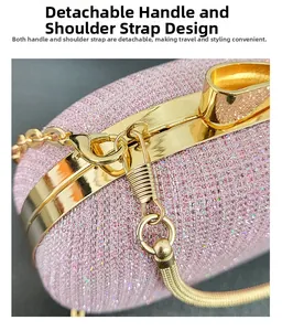 Detail of pink sequin evening bag with detachable gold metal handle and chain strap