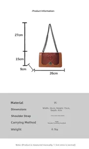 Detailed dimension chart showing a brown snakeskin chain bag with size 26x15x9cm