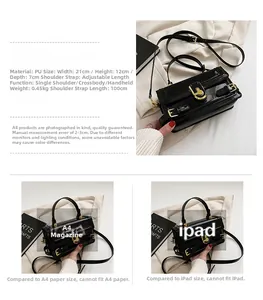 Détail du sac bandoulière en cuir verni noir avec fermoir doré et dimensions