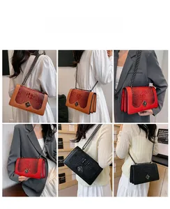 Detailed look at crocodile pattern chain bag with metal square lock in multiple colors