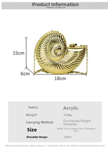 Detailed size specifications and acrylic material features of the golden nautilus evening bag