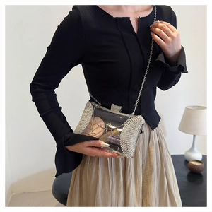 Detail of transparent clutch bag with sparkling silver rhinestone mesh and metal chain