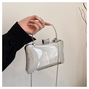 Close-up of clear acrylic evening clutch with rhinestone trim and round silver handle