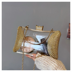 Detail of luxury transparent acrylic evening clutch with gold rhinestone encrusted edges