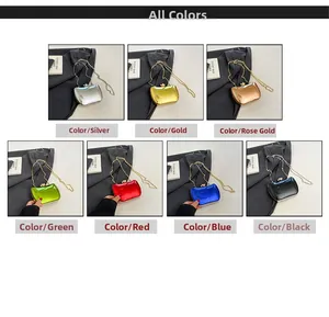 Glossy metal evening clutch color options showing silver, gold, red, and blue finishes