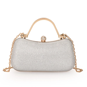 Sac de soirée pailleté argenté avec détails dorés et poignée métallique ronde