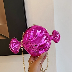 Metallic rose red candy shaped handbag with gold chain for party fashion styling
