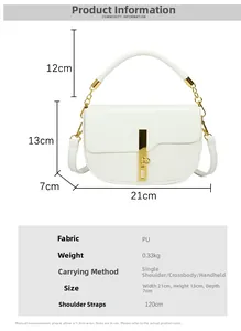 Size guide for white PU saddle bag showing dimensions 21x13x7cm and strap length