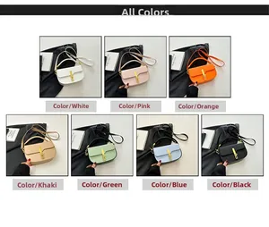 Detailed grid of fashion saddle bags in seven colors with sleek golden metal locks