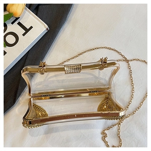 Transparent acrylic evening clutch with gold metal frame and sparkling crystal clasp