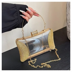 Elegant transparent acrylic evening clutch bag with gold frame and sparkling rhinestones