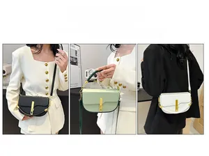 Chic saddle bags in black, green, and white with elegant gold metal buckles and straps