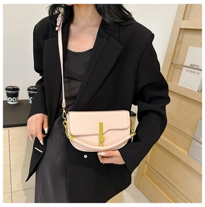 Detail of light pink saddle bag featuring elegant gold vertical metal buckle and leather strap