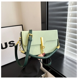 Detail of a two-tone saddle bag with green tones and a sleek gold metallic clasp buckle