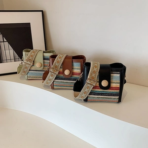 Women Crossbody Bag PU Leather Woven Straw Small Square Purse Wide Jacquard Strap Bohemian Retro Casual Travel