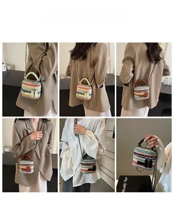 Detailed views of a mini colorful woven bag with metal chain and top handle on a model