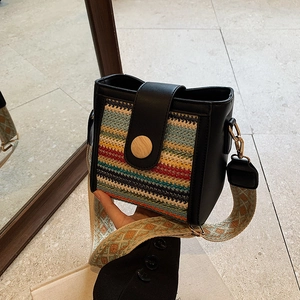 Chic woven small square bag with colorful wide jacquard strap for summer travel