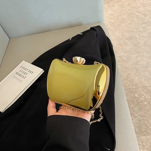 Elegant gold mirror metal clutch bag with floral clasp and chain for evening parties