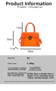 Dimensions du sac à main en cuir PU orange avec taille 28x20x11cm et détails de bandoulière