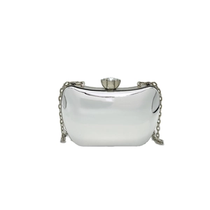 Chic silver mirror minaudière evening clutch bag with crystal clasp and chain strap