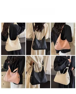 Multiple views of minimalist faux leather shoulder bags in beige, black, and soft pink colors