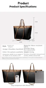 Detailed size specifications of black and brown tote bag showing 33x27x15cm dimensions