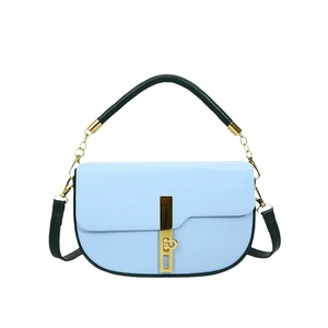 Light blue saddle shoulder bag with gold metal clasp and green handle for women